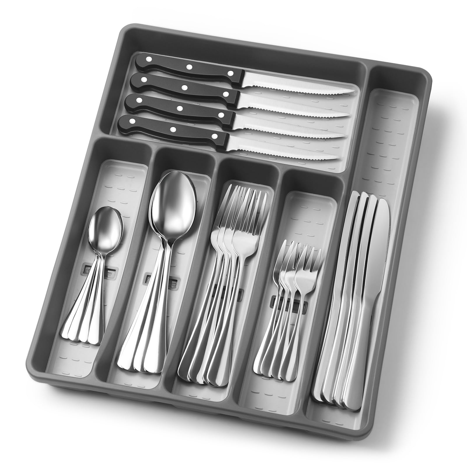 24-Piece Silverware Set with Organizer，Heavy Duty Stainless Steel Flatware Cutlery Tableware Set for 4，Includes 6-Compartment Silverware Tray with Cutlery Icons，Silverware Set with Steak Knives