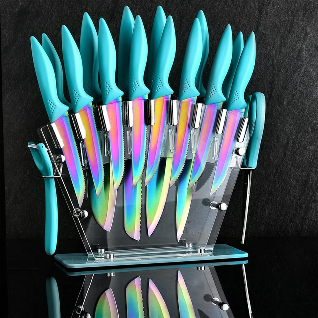 Knife Set 18 Pcs Stainless Steel Knives Set with Acrylic Storage Block Sharpener Sharp Cutlery Kitchen Knife Block Set Chef Cooking Cutting Knives Teal Turquoise Blue