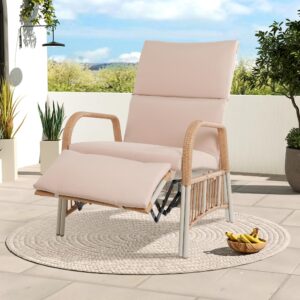 UPHA Outdoor Adjustable Recliner Chair with Thick Cushion,All-Weather Wicker Reclining Lounge Chair with Footrest for Deck, Backyard, Lawn,Beige