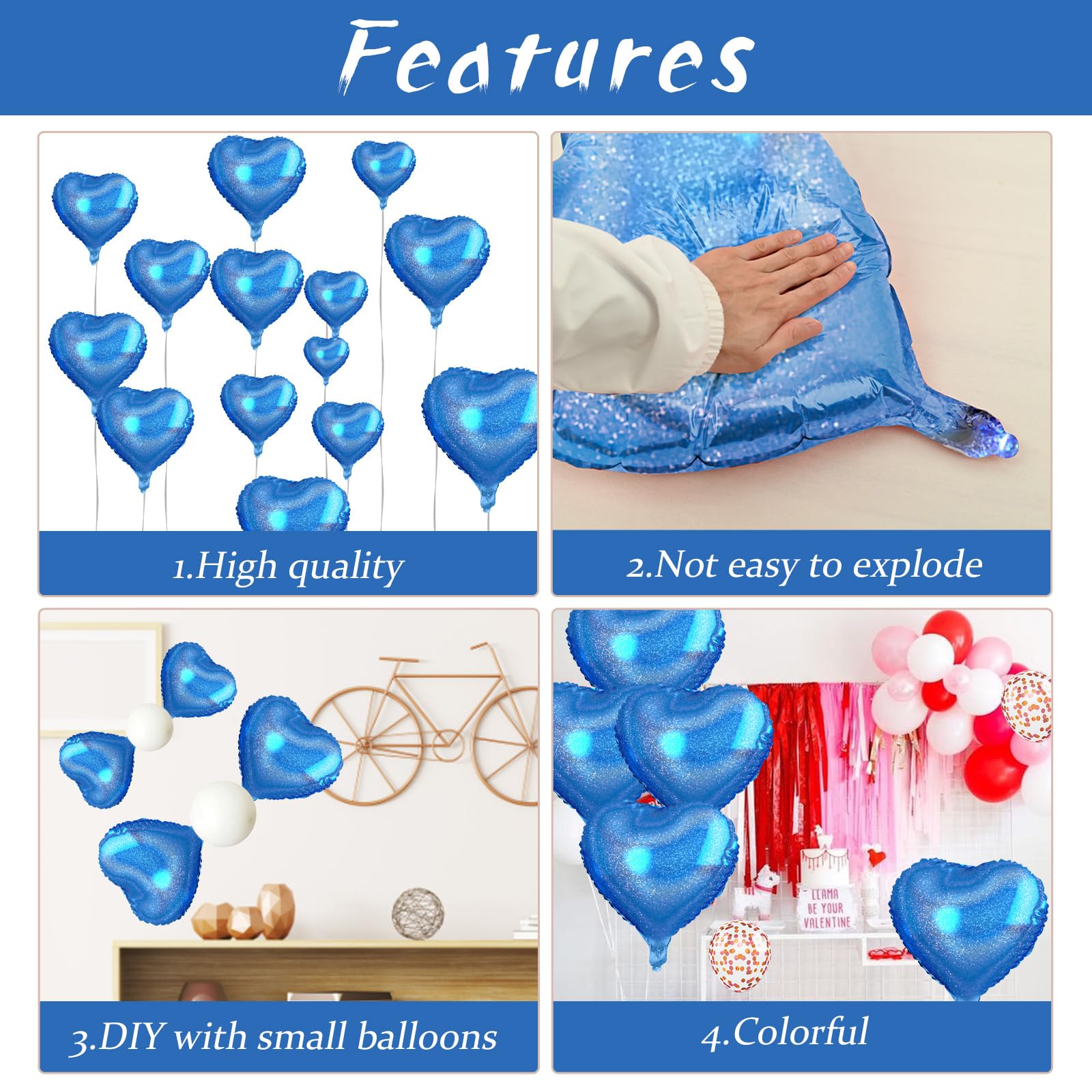 Biapian Dark Blue Heart Balloons, 10PCS Glitter Blue Heart Shape Balloons, 18inch Love Foil Balloons Helium for Boys Men Valentines Day, Graduation, Wedding, Brithday, Baby Shower Party Decorations