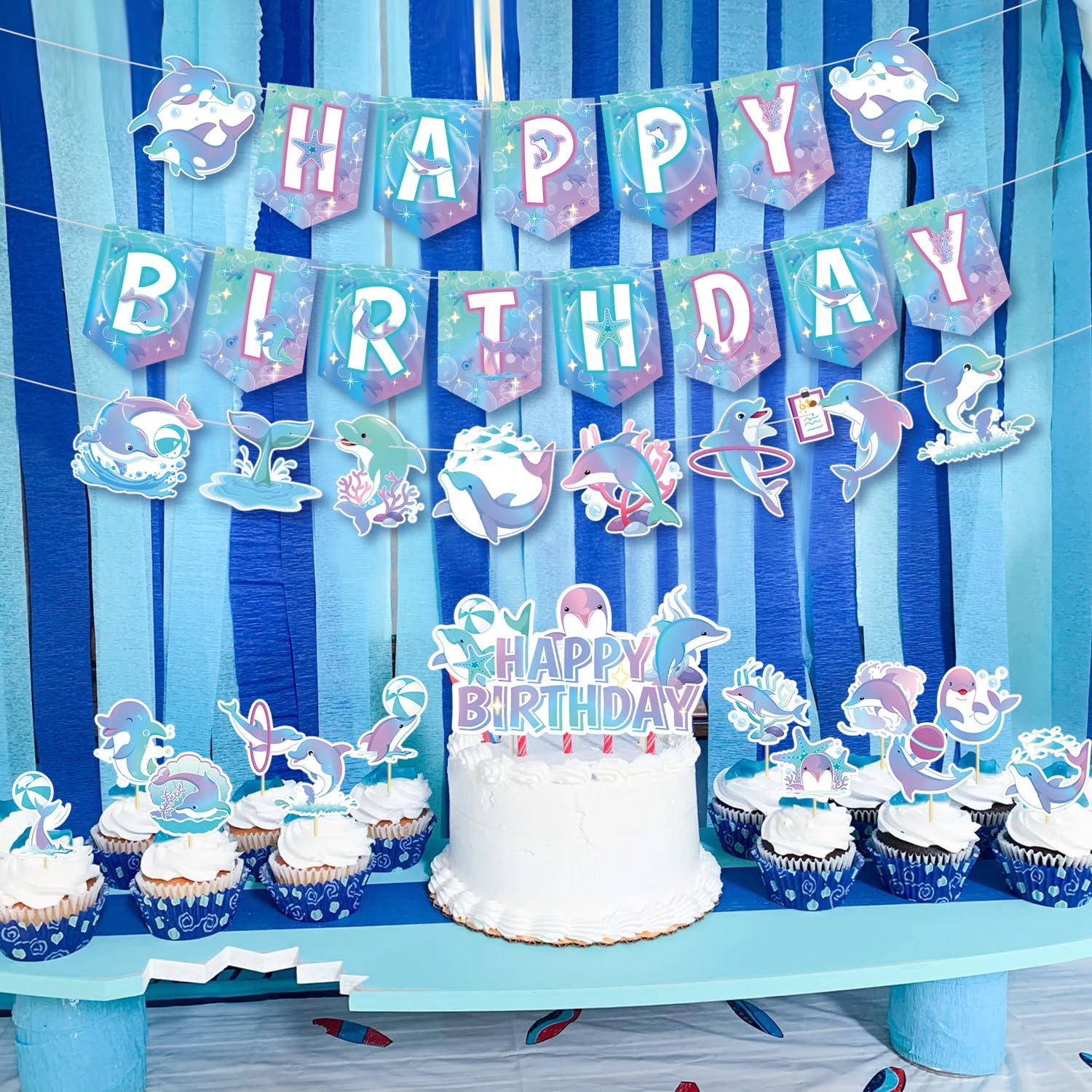 Dolphin Party Decorations , Include Happy Birthday Banner, Cake Toppers , Dolphin Theme Garland, Balloons, Stickers, Honeycomb Centerpieces, for Ocean DolphinTheme Birthday Baby Shower Party Supplies