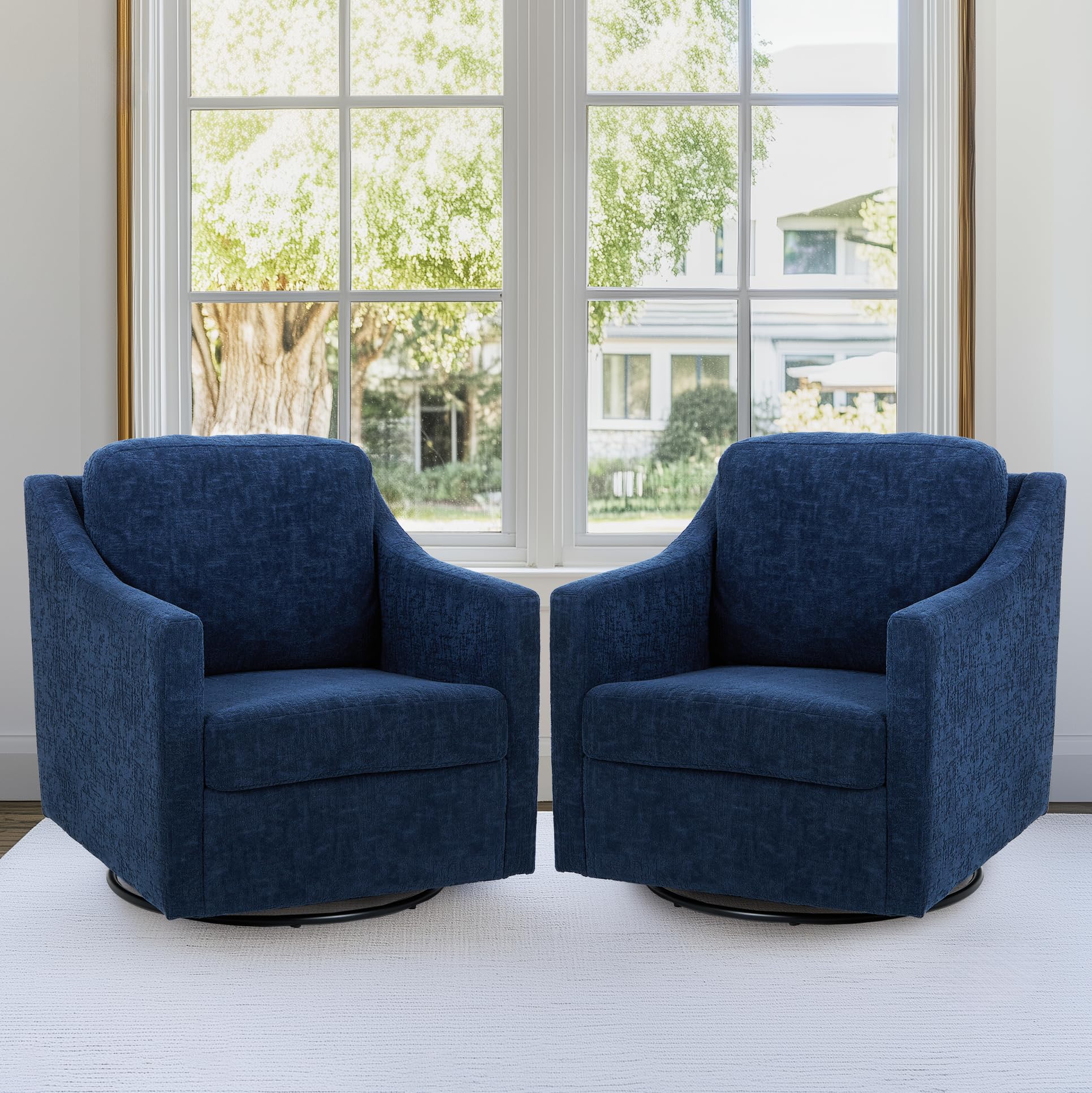 COLAMY Swivel Accent Chair Set of 2, 360° Rotation Chenille Fabric Upholstered Leisure Armchair with Lumbar Pillow for Living Room Bedroom Home and Office, Blue