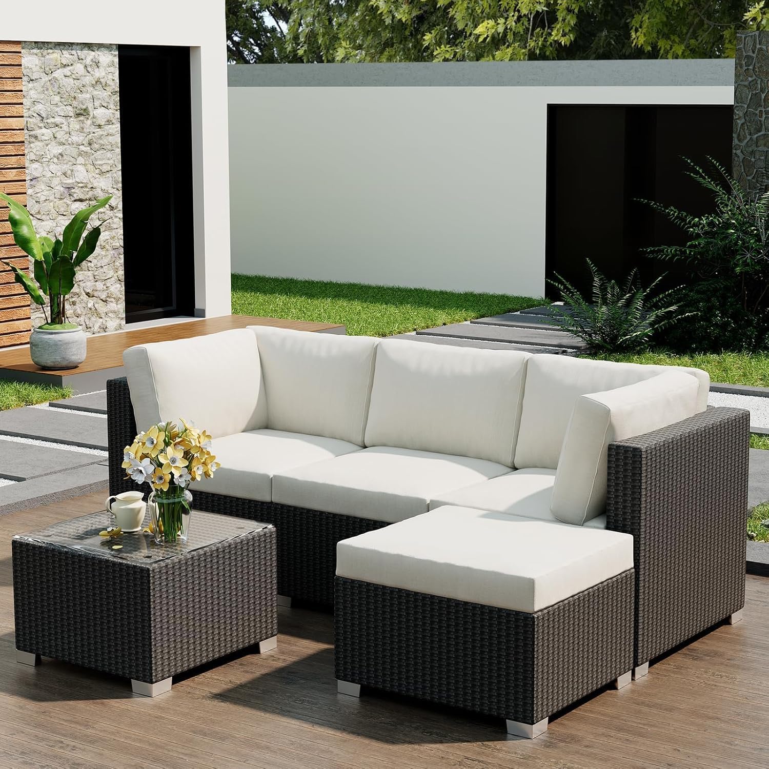 5 Pieces Patio Furniture Sets, All Weather Outdoor Sectional Patio Sofa, Rattan Wicker Conversation Sofa Set, Manual Weaving Sectional Patio Sofa with Cushion and Glass Table for Balcony, Garden, Gray