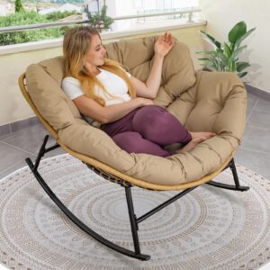 BULEXYARD Outdoor Papasan Rocking Chair with Padded Cushion, Oversized PE Rattan Comfy Royal Rocking Lounge Chair, Modern Comfy Patio Egg Chair Indoor Outdoor (1 pc, Brown)