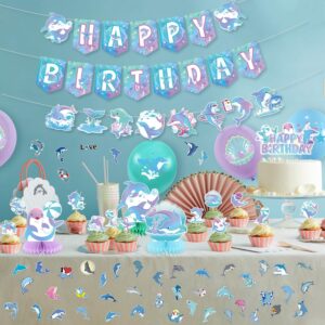 Dolphin Party Decorations , Include Happy Birthday Banner, Cake Toppers , Dolphin Theme Garland, Balloons, Stickers, Honeycomb Centerpieces, for Ocean DolphinTheme Birthday Baby Shower Party Supplies