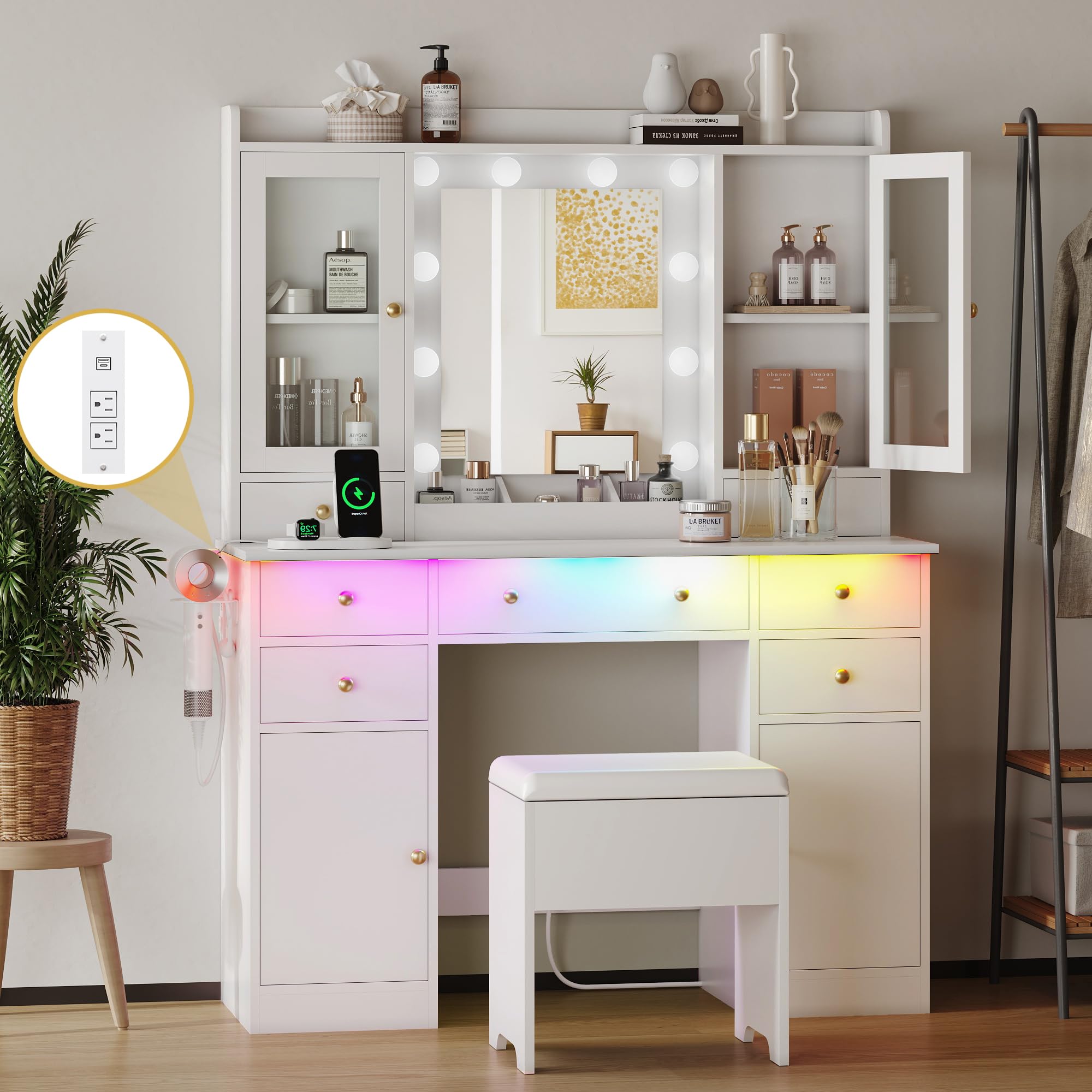 Makeup Vanity Desk with Mirror and Lights, White Vanity Table Set with Storage Drawers, Charging Station, Cabinets & Chair, Large Dressing Table with RGB Ambient Light for Women Girls Bedroom Bathroom