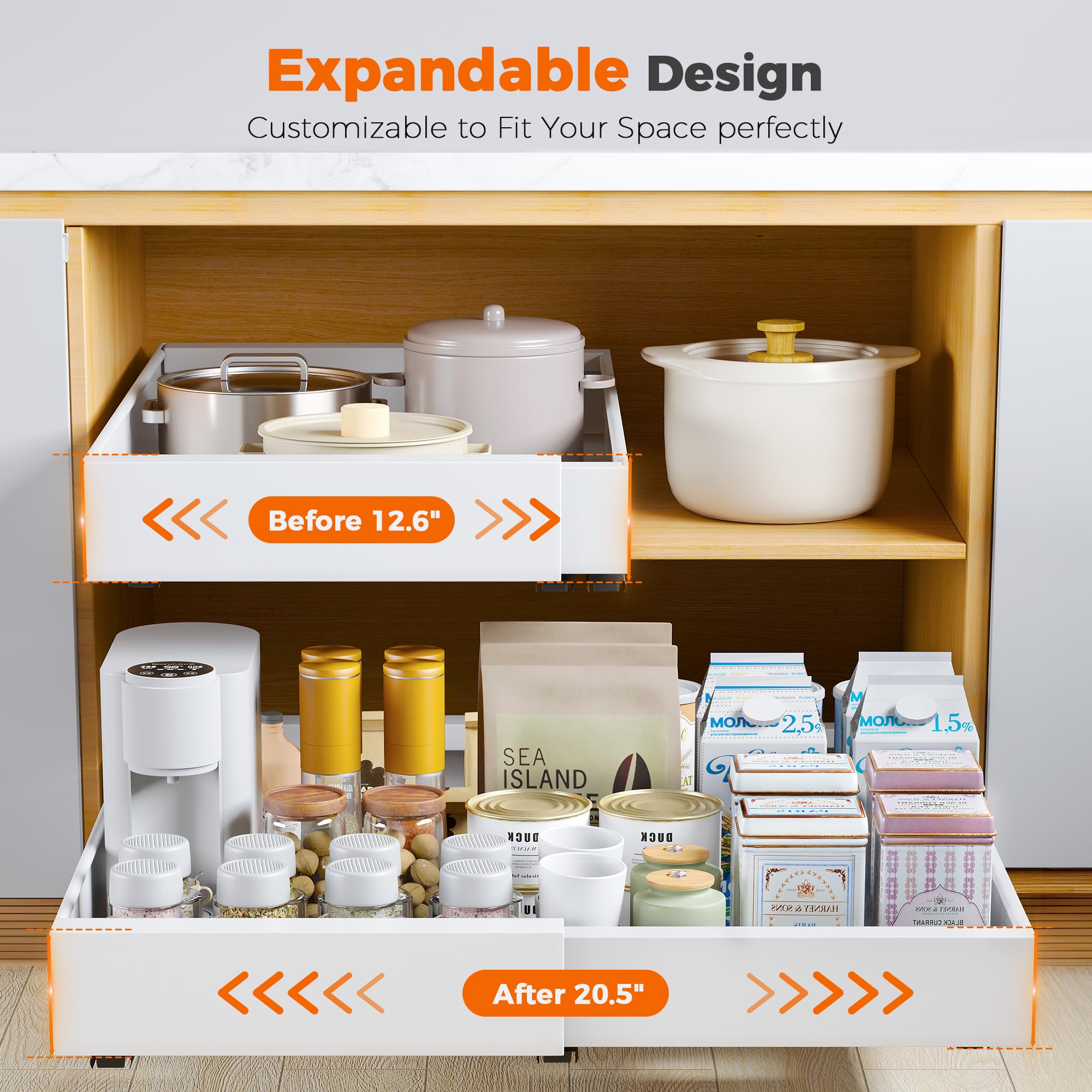 Pull Out Cabinet Organizer, Expandable (12.5"-20.5") Heavy Duty Slide out Drawers with 3 Slides 6 Adhesive, Peel and Stick Pull Out Shelf for Kitchen Pantry Bathroom Organization