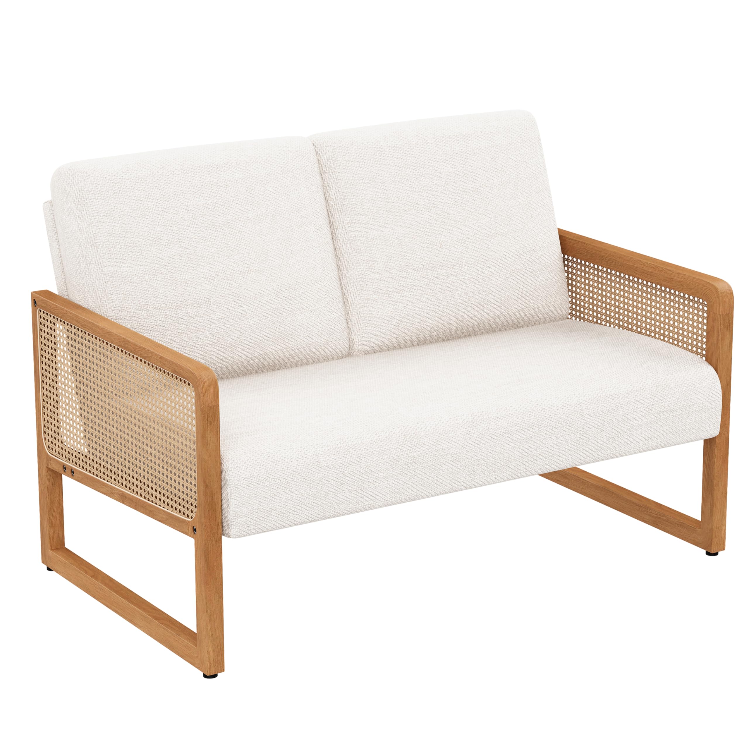 Apeaka Small Loveseat Sofa with Rattan Arms Linen Mini Couch for Living Room Bedroom Modern Upholstered Love Seat with Wood Legs Ivory