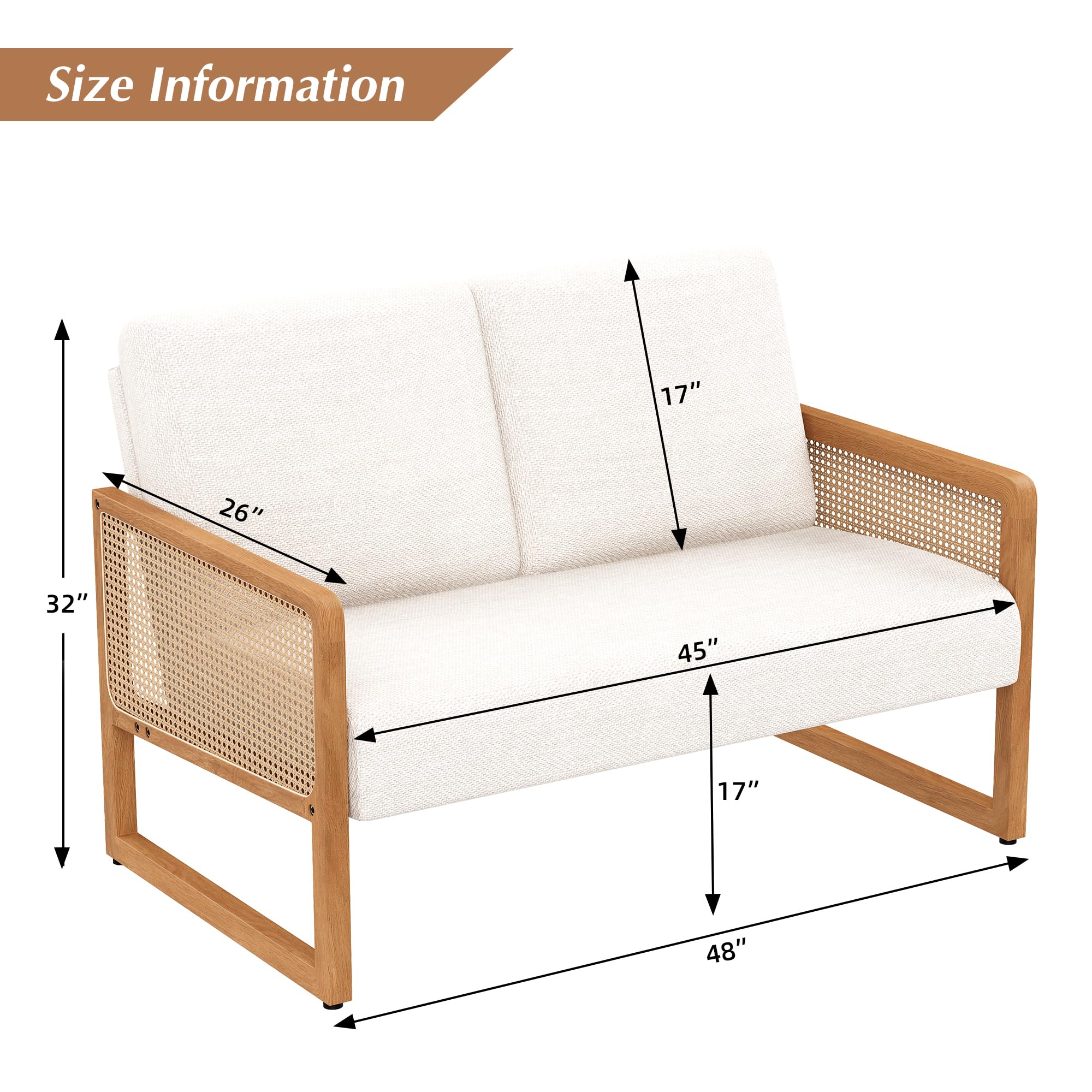 Apeaka Small Loveseat Sofa with Rattan Arms Linen Mini Couch for Living Room Bedroom Modern Upholstered Love Seat with Wood Legs Ivory