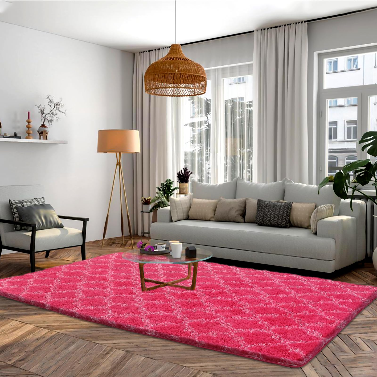 Puremy Luxury Rugs for Living Room, 3.8x6 Fluffy Area Rug Ultra Soft Indoor Carpet for Bedroom, Kids Room, Playroom, Home Decor, Geometric, Hot Pink/White