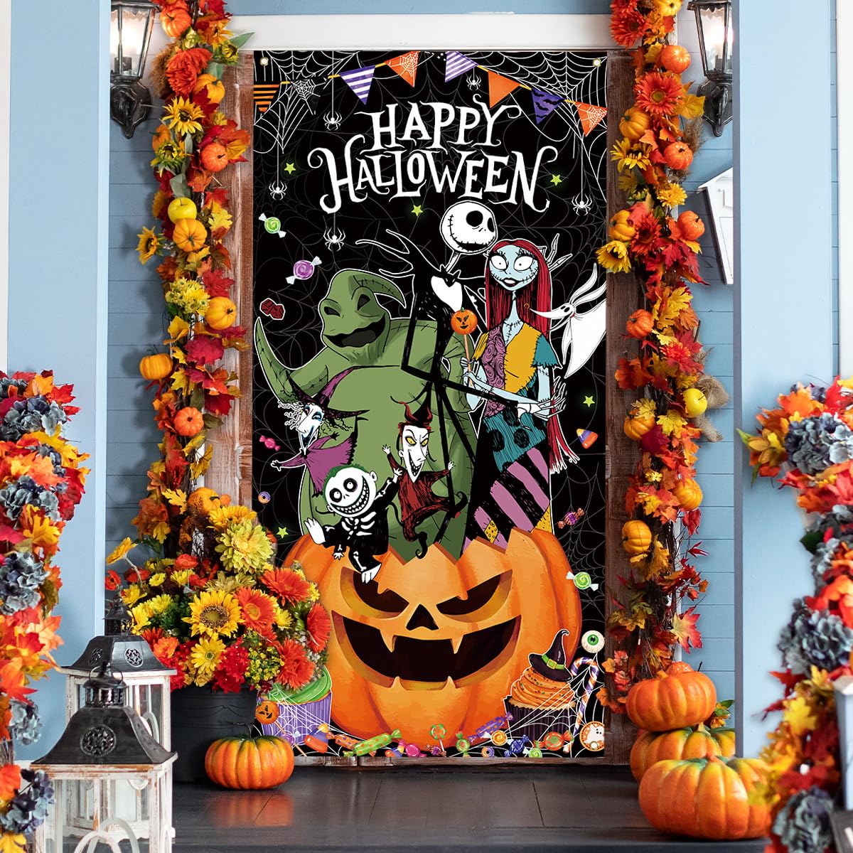 Halloween Decorations Christmas Nightmare Before Door Cover Jack Sally Gothic Banner Day of The Dead Halloween Decorations for Home Party