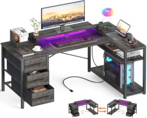 aheaplus 53 inch gaming desk with power outlets & led lights, reversible l shaped computer desk with 3 drawers & monitor stand, home office desk corner gamer desk with storage shelves, black oak