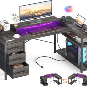 Aheaplus 53 Inch Gaming Desk with Power Outlets & LED Lights, Reversible L Shaped Computer Desk with 3 Drawers & Monitor Stand, Home Office Desk Corner Gamer Desk with Storage Shelves, Black Oak