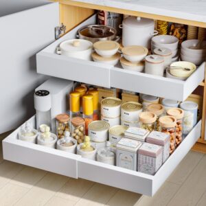 pull out cabinet organizer, expandable (12.5"-20.5") heavy duty slide out drawers with 3 slides 6 adhesive, peel and stick pull out shelf for kitchen pantry bathroom organization