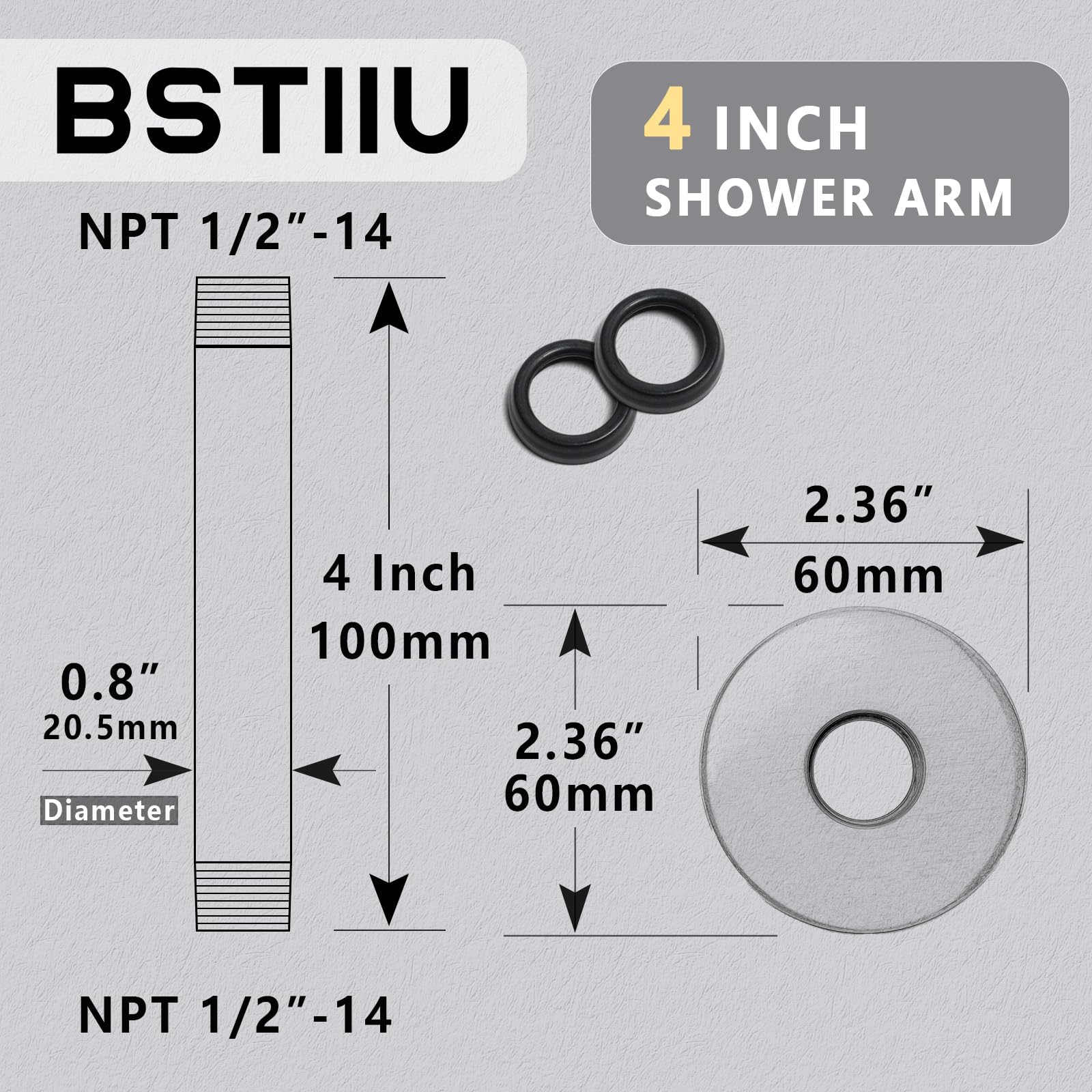 BSTIIU 4 Inch Shower Arm with Flange, Ceiling Mounted Shower Head Extension Arm, 1/2 NPT Straight Arm for Rain Shower Head, Stainless Steel Shower Head Extension Replacement Pipe Arm, Black