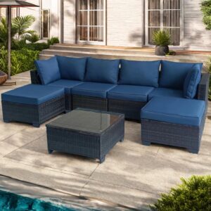 7-Piece Outdoor Furniture Patio Rattan Sectional Set with Wicker Conversation Sofas,Include Cushions, Coffee Table,Easy to Assemble,Perfect for Backyard, Porch, Garden, and Balcony (Brown-Dark Blue)