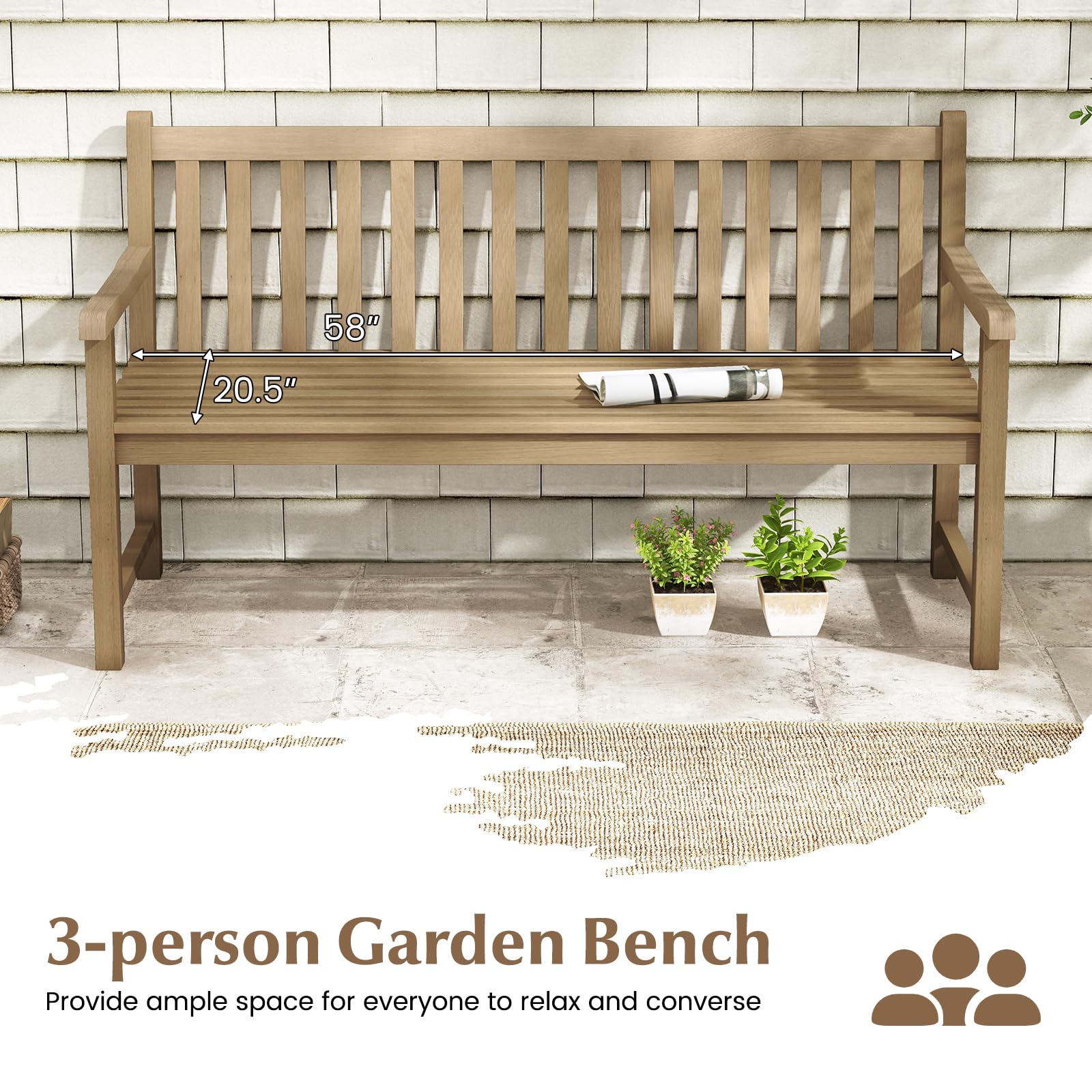 Tangkula 62" Outdoor Teak Wood Bench, 3-Person Garden Patio Bench with Backrest, Armrests and Slatted Seat, Porch Bench for Yard, Lawn, Deck and Entryway