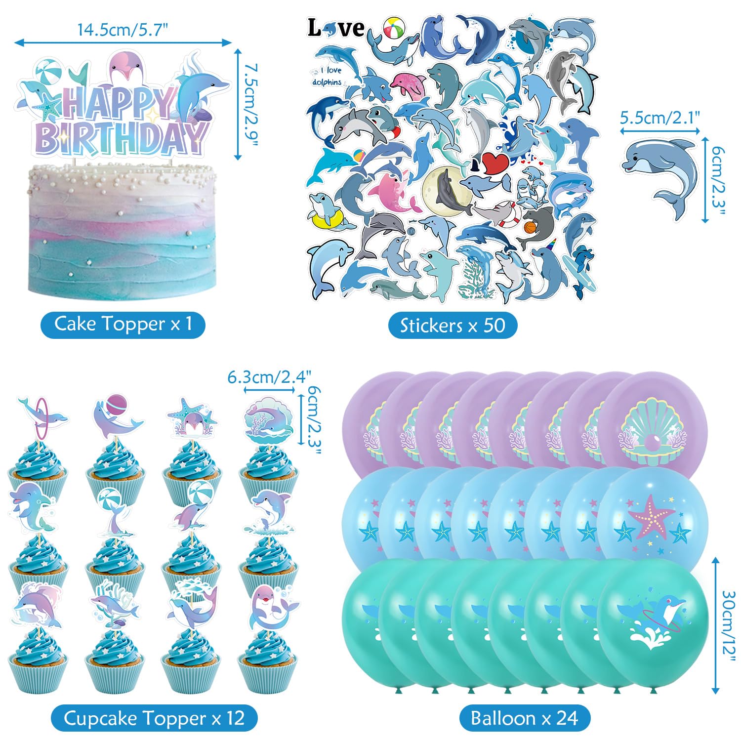 Dolphin Party Decorations , Include Happy Birthday Banner, Cake Toppers , Dolphin Theme Garland, Balloons, Stickers, Honeycomb Centerpieces, for Ocean DolphinTheme Birthday Baby Shower Party Supplies