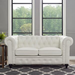 Naomi Home Emery Chesterfield Leather Loveseat, Mini Sofa Sleeper Loveseat, Small Sofa Bed with Rolled Arms, Tufted Cushions 2 Seater Sectional Small Loveseat for Small Spaces, Living Room White