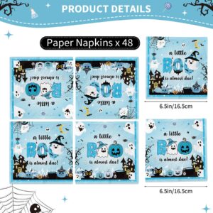 48Pcs A Little Boo Is Almost Due Baby Shower Boy Halloween Napkins Little Boo Baby Shower Decorations Boy for Blue Halloween Baby Shower Decorations Boy