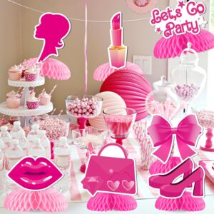 Come on Let's Go Party Honeycomb Centerpieces Hot Pink Princess Doll Honeycomb Cosmetic Lipstick Bow Table Decorations for Girls Doll Theme Bachelorette Party Birthday Bridal Shower Party Supplies