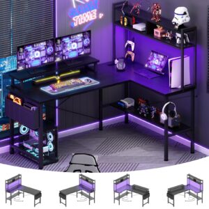 aheaplus l shaped gaming desk with power outlets & led lights, small l- shaped desk computer corner desk with monitor stand & storage shelf, home office desk writing desk with storage bag, black