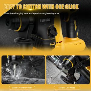 Yutesiri Rotary Hammer Drill for Dewalt 20V MAX Battery, Brushless Cordless with Safety Clutch for Concrete/Masonry,1400 RPM,2 Application Modes with 360°Auxiliary Handle, Including 4 Drill Bits