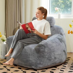 LFCREATOR Giant Bean Bag Chair for Adults, Faux Fur Fabric Large Bean Bag Chair, Comfortable Bean Bag Sofa Chair with Ergonomic Support for Living Room, Bedroom, Gray.