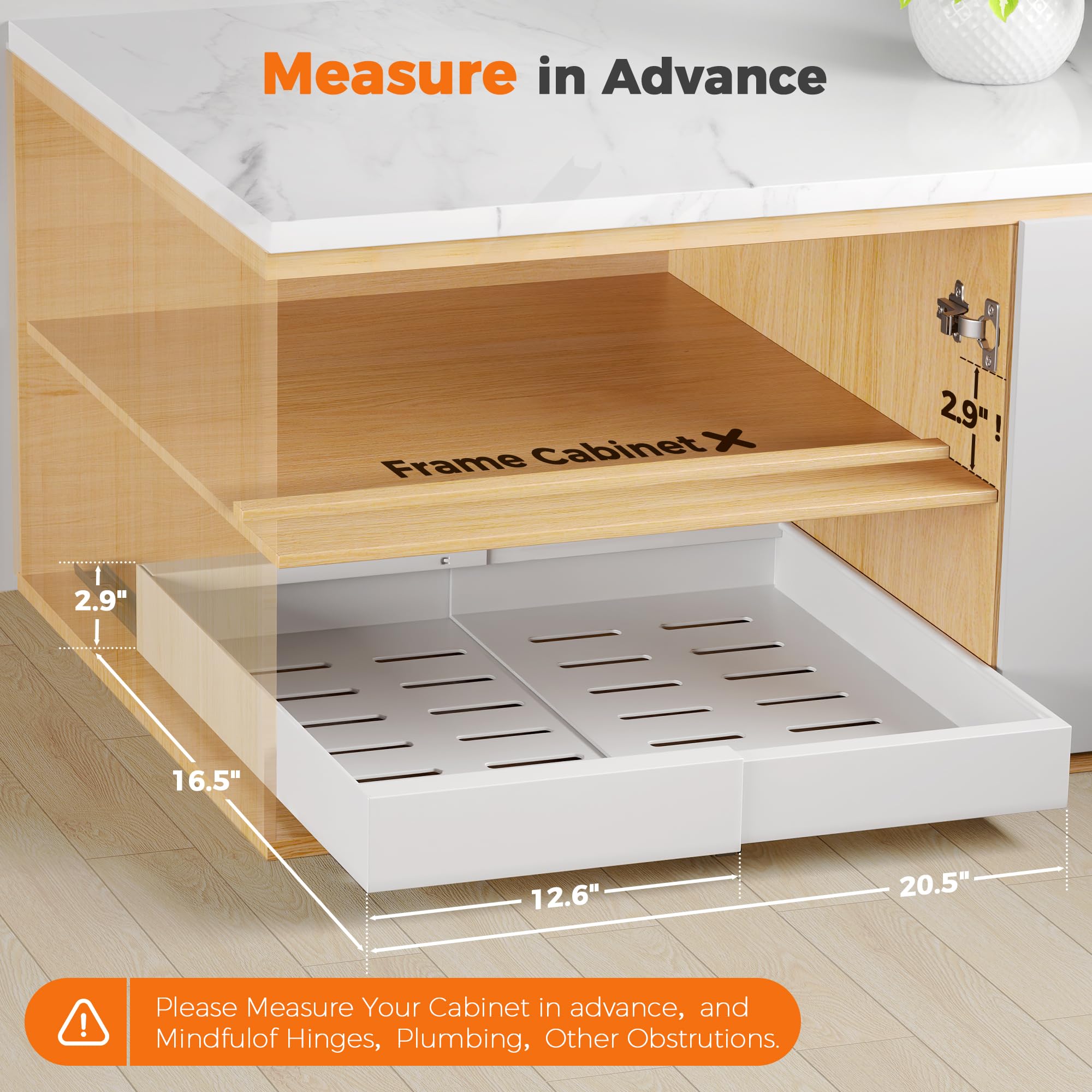 Pull Out Cabinet Organizer, Expandable (12.5"-20.5") Heavy Duty Slide out Drawers with 3 Slides 6 Adhesive, Peel and Stick Pull Out Shelf for Kitchen Pantry Bathroom Organization