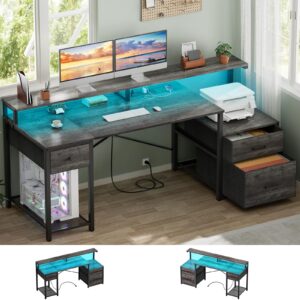 aheaplus computer desk with 3 drawers, home office desk with file drawer & power outlet, 59'' gaming desk with led lights, work desk with storage shelves, printer cabinet and monitor shelf, grey oak