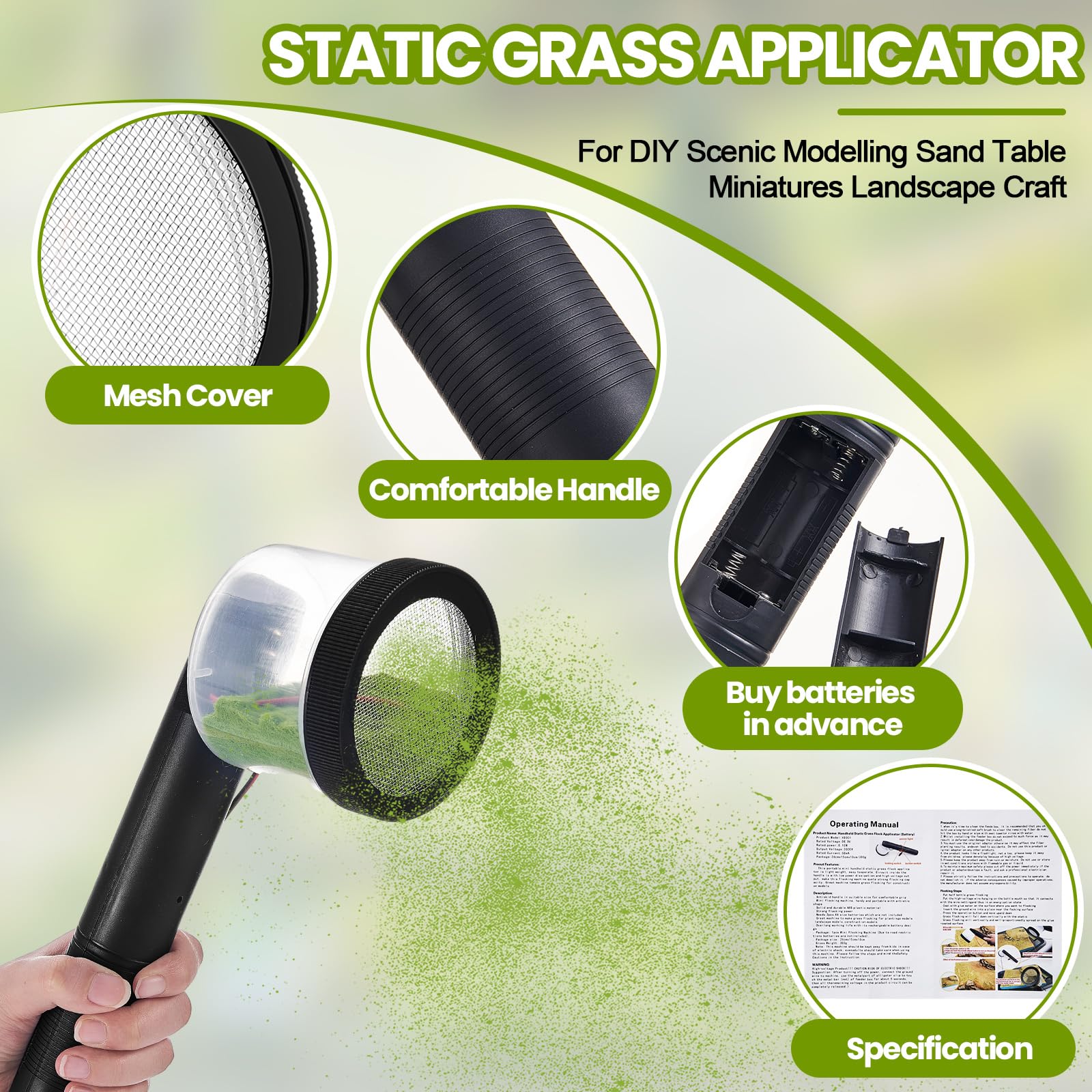 Tioncy Static Grass Applicator Mini Static Grass Flocking with 4 x 60G Colors Grass ABS Applicator with Anti Slip Handle Flocking Kit for DIY Scenic Modelling Sand Table Miniatures Landscape Craft