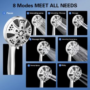 Shower Head, High Water Pressure Handheld Showerhead With 5 ft Stainless Steel Hose and Adjustable Bracket Combo, 8 Mode Hand Heads Can Power Wash to Dathroom, Tub, Corner, Tile