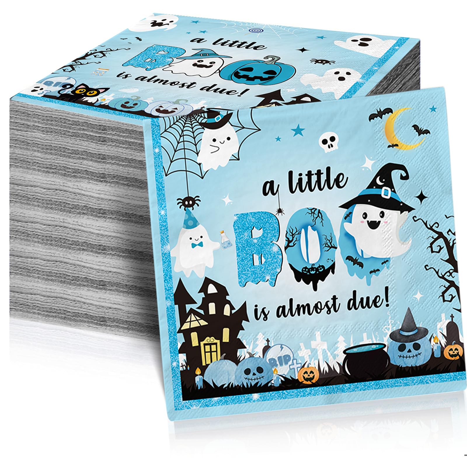 48Pcs A Little Boo Is Almost Due Baby Shower Boy Halloween Napkins Little Boo Baby Shower Decorations Boy for Blue Halloween Baby Shower Decorations Boy