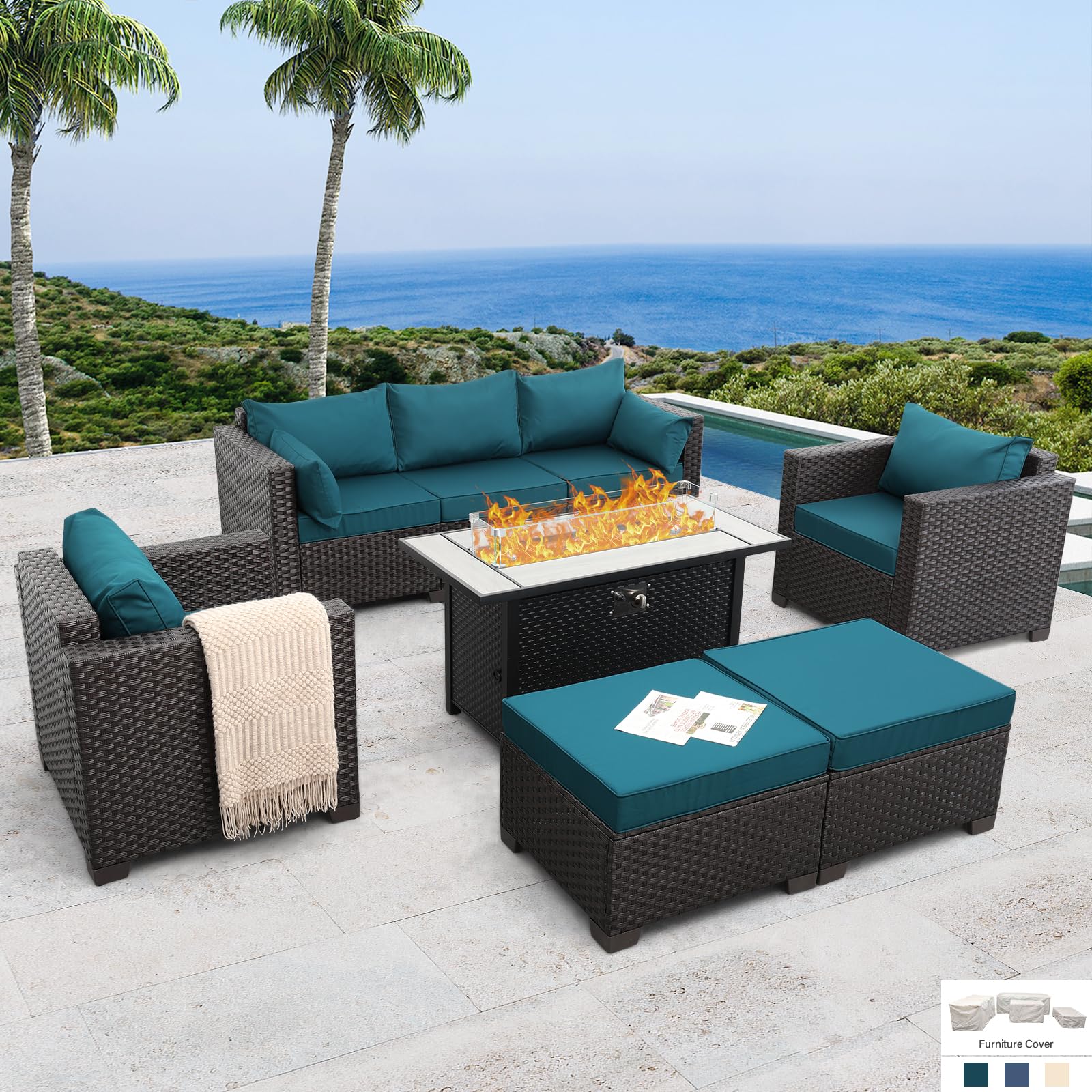 Patio Furniture Set 6-Piece Outdoor Furniture Set with 45'' Propane Gas Fire Pit Table Outdoor Conversation Set Wicker Sofa Set Non-Slip Cushions Waterproof Covers, Peacock Blue