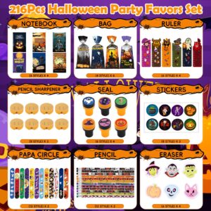 APROAT 216pcs Halloween Goodie Bag Fillers,Bulk Halloween Party Favors For Kids, Halloween Favors for School Stationery Set, Halloween Treats Non Candy,Halloween Prizes