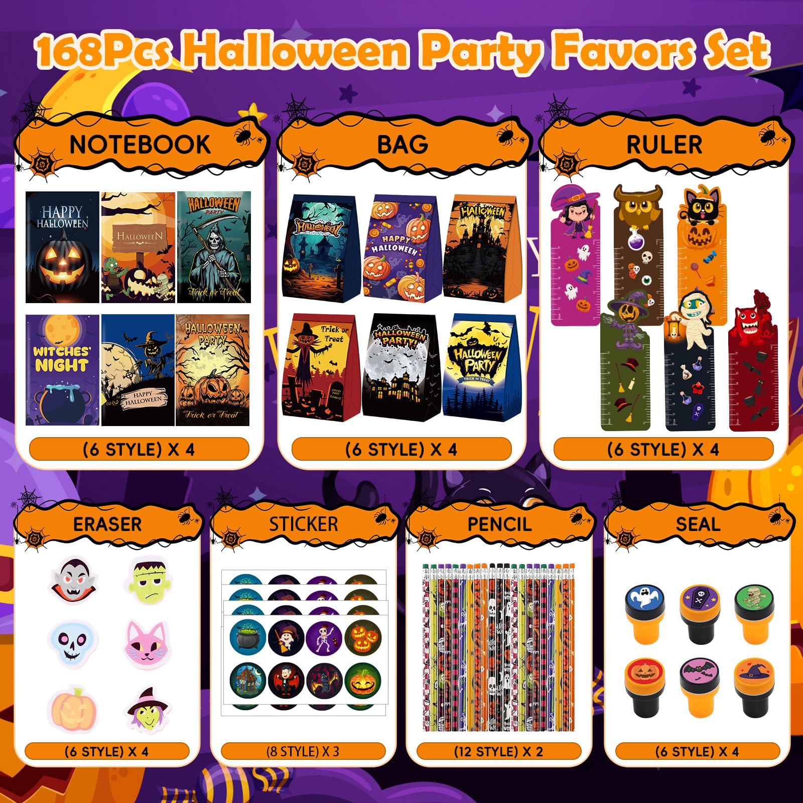 APROAT 168pcs Halloween Goodie Bag Fillers,Bulk Halloween Party Favors for Kids, Halloween Prizes, Halloween Favors for School, Halloween Non Candy Treats