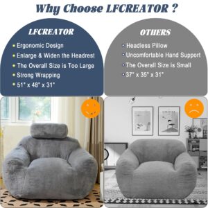 LFCREATOR Giant Bean Bag Chair for Adults, Faux Fur Fabric Large Bean Bag Chair, Comfortable Bean Bag Sofa Chair with Ergonomic Support for Living Room, Bedroom, Gray.