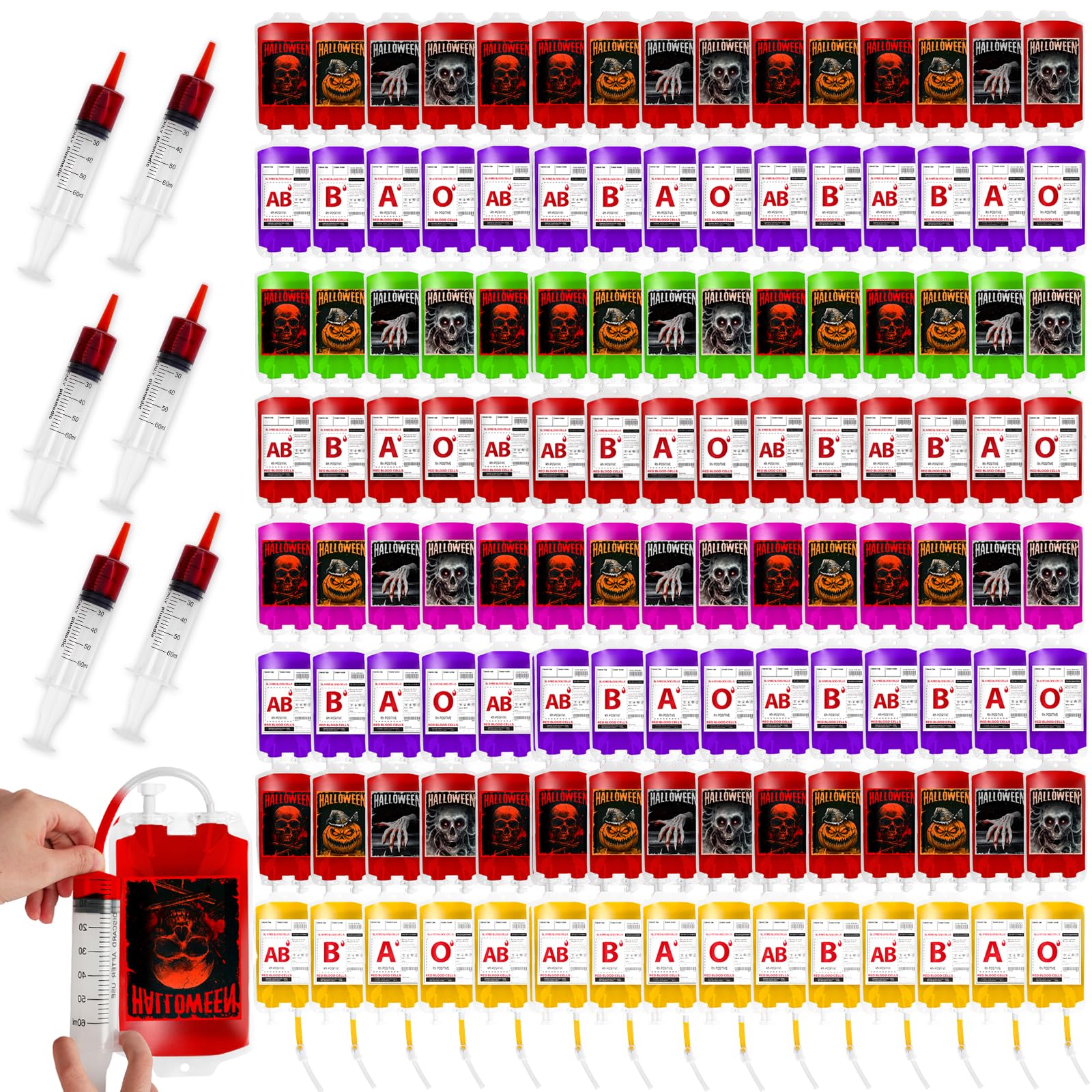 MGparty 120 Packs Halloween Blood Bags for Drink, Halloween Party Decoration, Reusable Blood Bags Drinks Pouches Juice Containers for Hallowen Theme Party (120pcs Bags, 120 Clips, 6 Syringes)