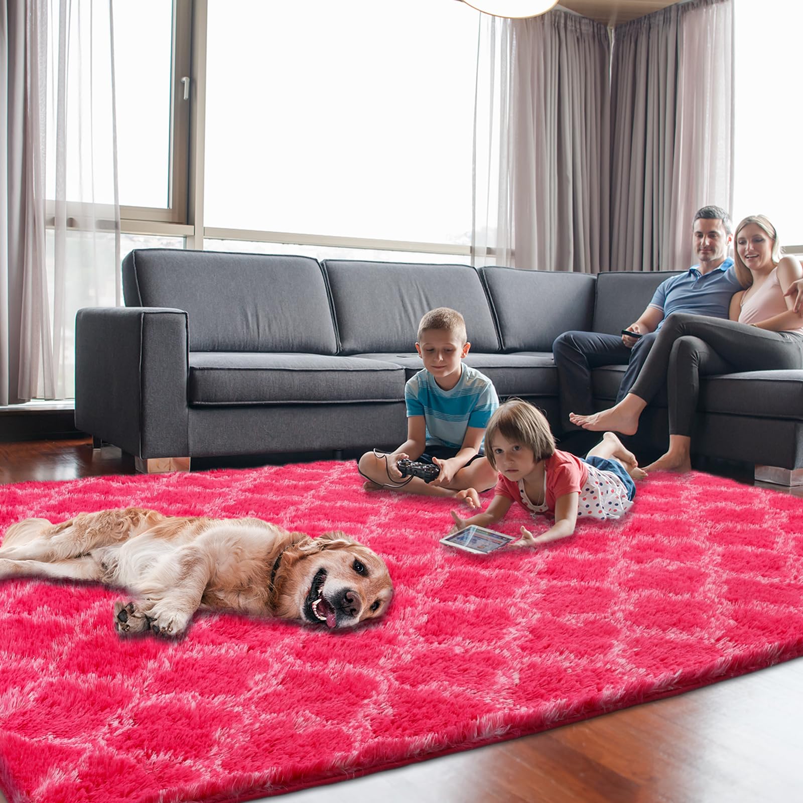 Puremy Luxury Rugs for Living Room, 3.8x6 Fluffy Area Rug Ultra Soft Indoor Carpet for Bedroom, Kids Room, Playroom, Home Decor, Geometric, Hot Pink/White