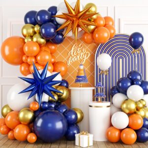 orange and blue balloon arch kit, 120 pcs navy royal dark blue gold orange balloons garland kit with 4d star chrome latex balloons for graduation class of 2024 thanksgiving party decorations