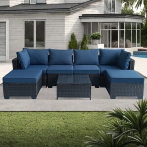 7-Piece Outdoor Furniture Patio Rattan Sectional Set with Wicker Conversation Sofas,Include Cushions, Coffee Table,Easy to Assemble,Perfect for Backyard, Porch, Garden, and Balcony (Brown-Dark Blue)