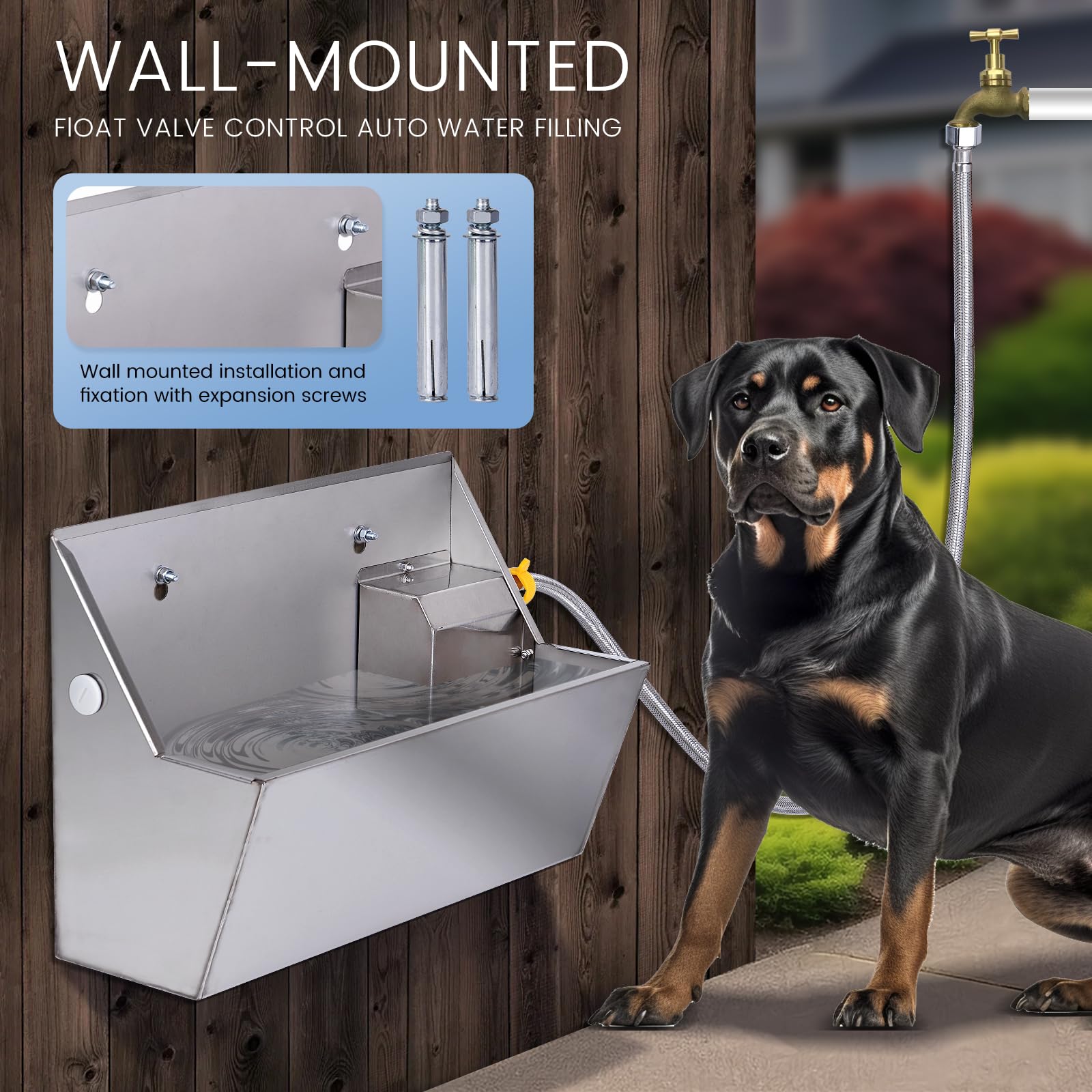 MUDUOBAN Automatic Dog Water Dispenser,2.1Gal Outdoor Dog Water Bowl with Float Valve,304 Stainless Steel Automatic Pet Waterer for Dog Cat Chicken Livestock (Drainage Hole)