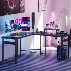 Casaottima 51 inch L Shaped Gaming Desk with Power Outlets and USB Port, Corner Desk Gaming Table with Monitor Stand for Home Office, Computer Desk for Small Space, Carbon Fiber Surface, Black