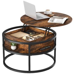 YITAHOME Round Coffee Tables for Living Room, Lift Top Coffee Table with Storage, Farmhouse Coffee Table, Wood Coffee Table with Hidden Storage Compartment, Center Table for Living Room, Rustic Brown