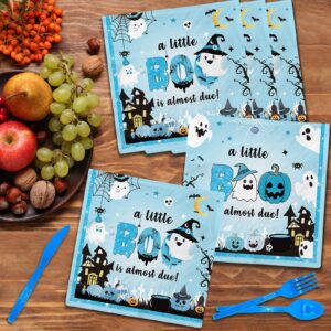 48Pcs A Little Boo Is Almost Due Baby Shower Boy Halloween Napkins Little Boo Baby Shower Decorations Boy for Blue Halloween Baby Shower Decorations Boy