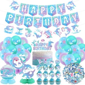 dolphin party decorations , include happy birthday banner, cake toppers , dolphin theme garland, balloons, stickers, honeycomb centerpieces, for ocean dolphintheme birthday baby shower party supplies