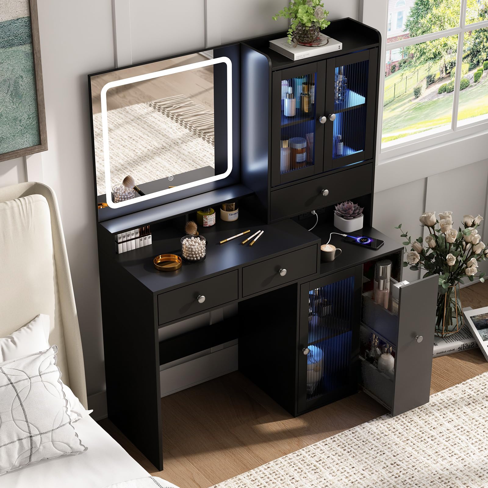 Fameill Makeup Vanity Desk with Mirror and Lights, Black Makeup Vanity with 4 Drawers and Charging Station, Vanity Table with RGB Cabinet, Dressing Table for Bedroom