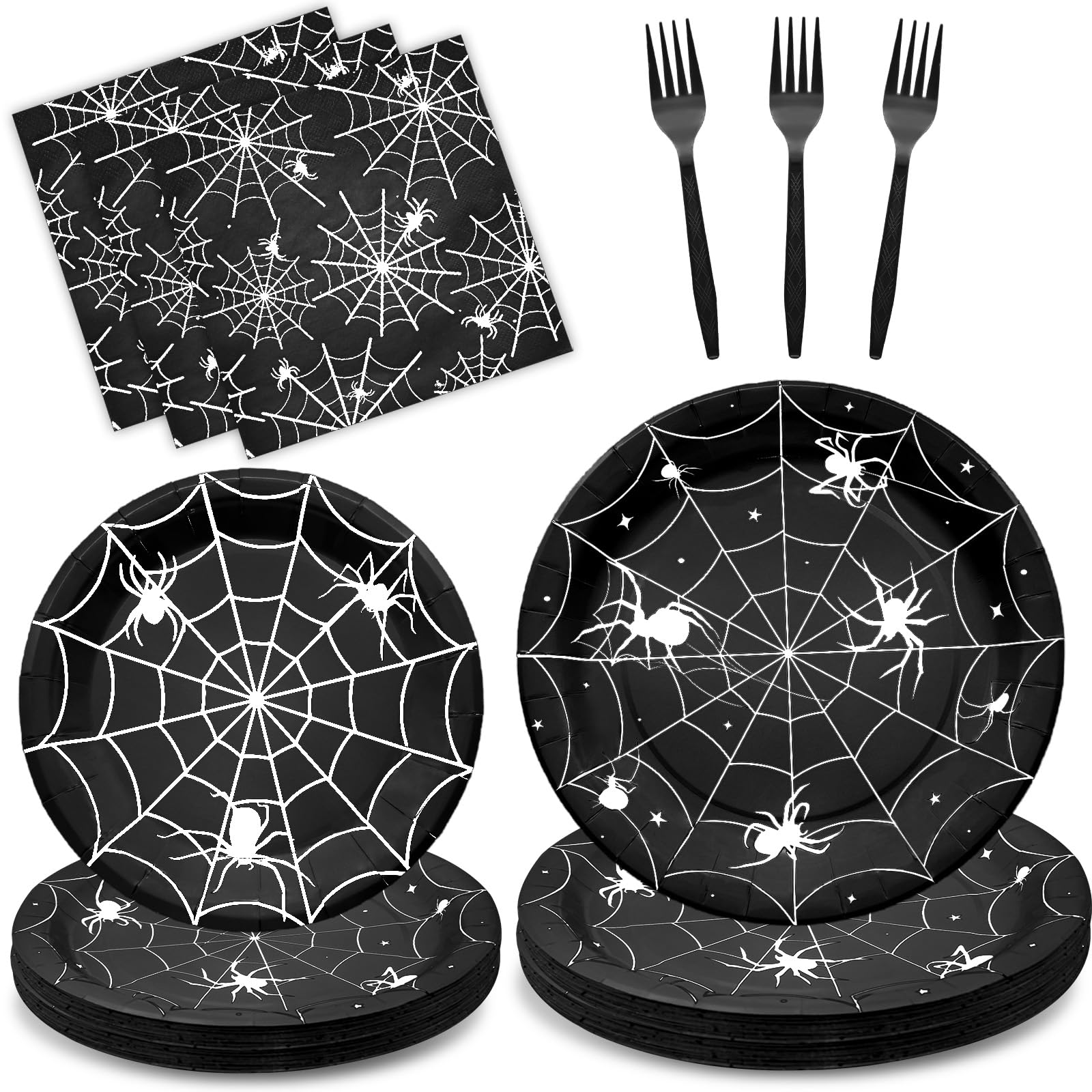 96 Pieces Halloween Spider Web Tableware Party Supplies - Disposable Dinnerware Set with Paper Plates, Napkins, and Forks for Spooky Halloween Party Supplies, Birthday Decorations - Serves 24 (Black)