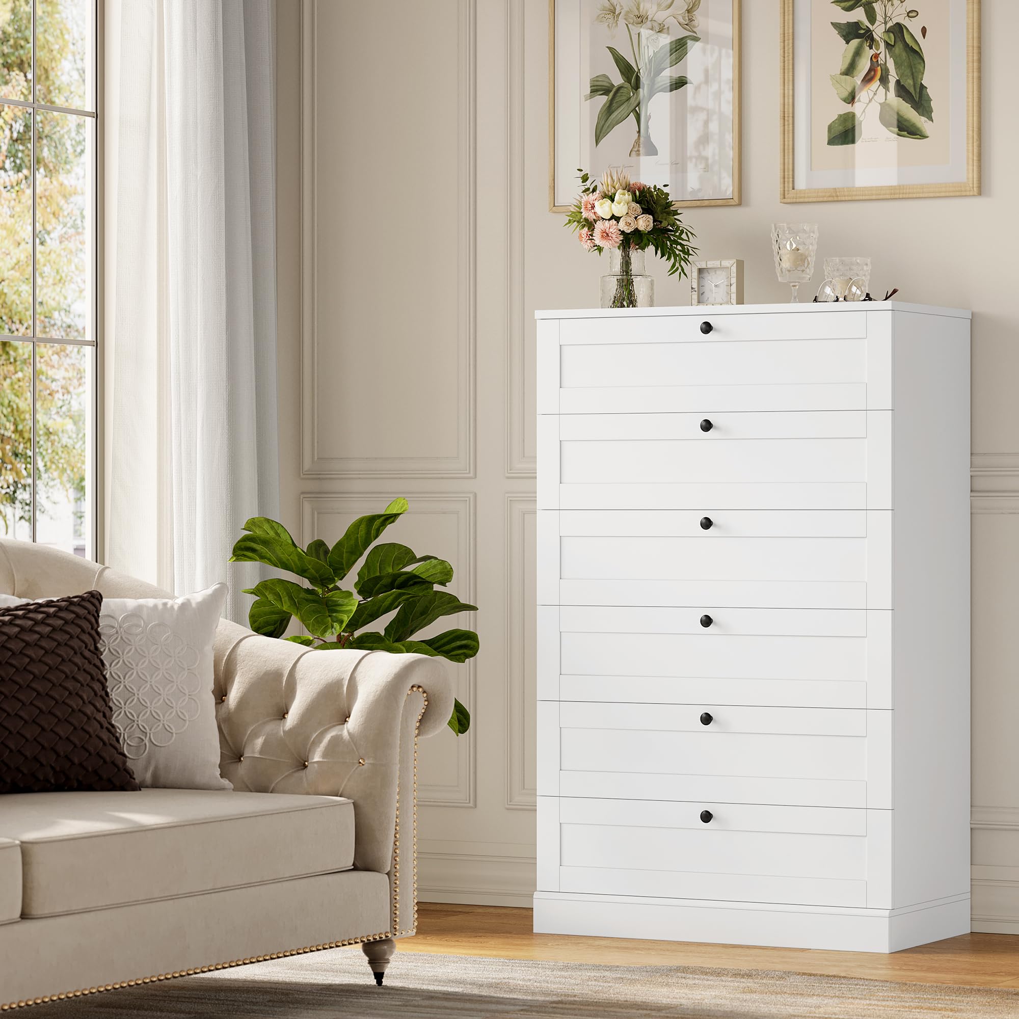 HOSTACK White 6 Drawer Dresser for Bedroom, 52" Tall Dresser & Chest of Drawers, 29" W Wood Dresser Drawer Chest, Modern Vertical Dresser Storage Cabinet for Living Room, Entryway, Hallway