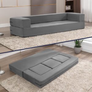 MUZZ Folding Sofa Bed with 3 Ottomans, 80''W Velvet Upholstered Sofa Couch, Multifunctional Sleeper Floor Bed for Bedroom/Living Room/Apartment (Light Grey)